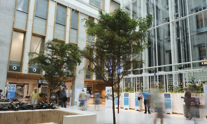 Een jonge medwerker in een winkel staat achter een tafel en vouwt denim broeken. Ze heeft een glimlach op haar gezicht.